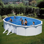Piscina elevada de acero galvanizado blanca ovalada 5x5x1.2 m con depuradora de cartucho y escalera de seguridad GRE
